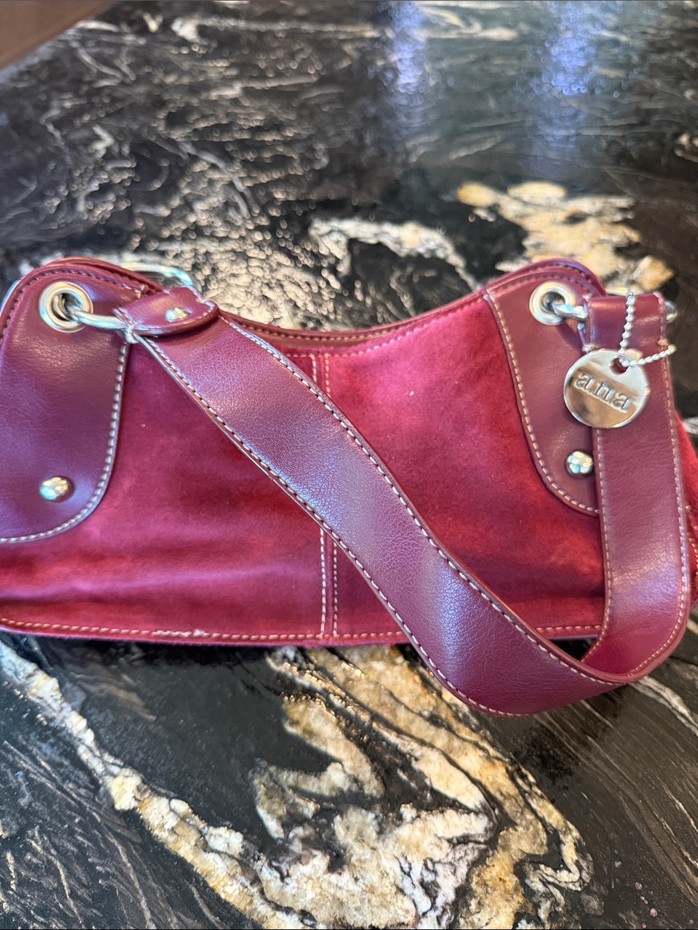 Anna Burgundy Suede & Leather Shoulder Bag with Silver Anna Charm